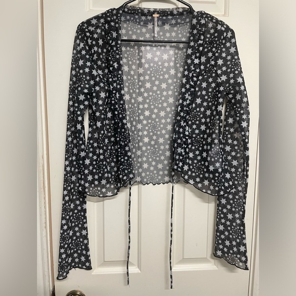 Free People Marne Sheer Black & White Star Tie Front Long Sleeve Crop Blouse - Picture 7 of 12